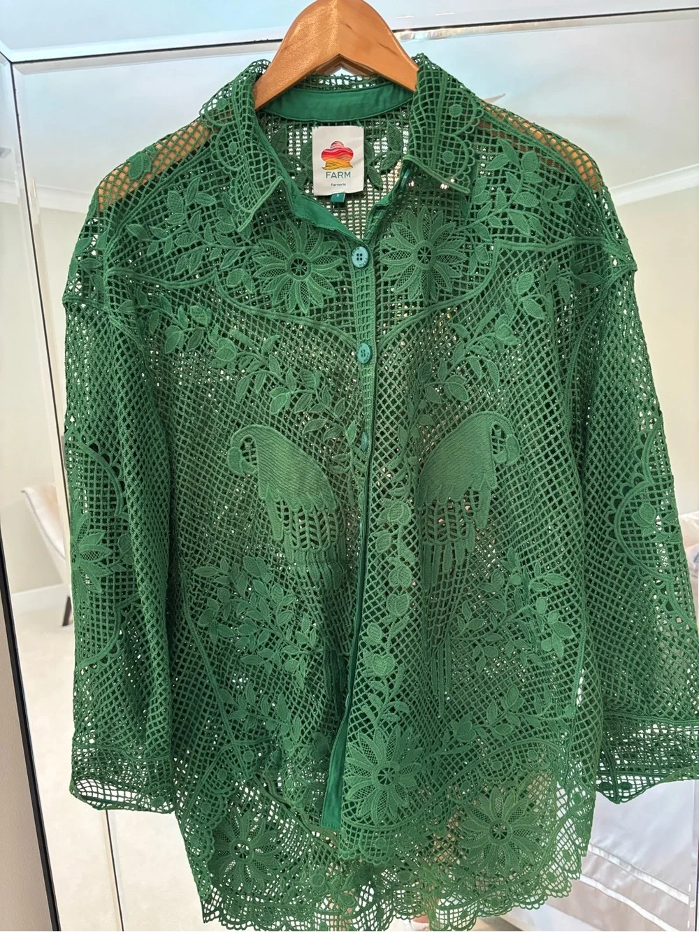 Farm Rio Green Landscape Guipure Blouse / Button Up Shirt size Small - Picture 8 of 9